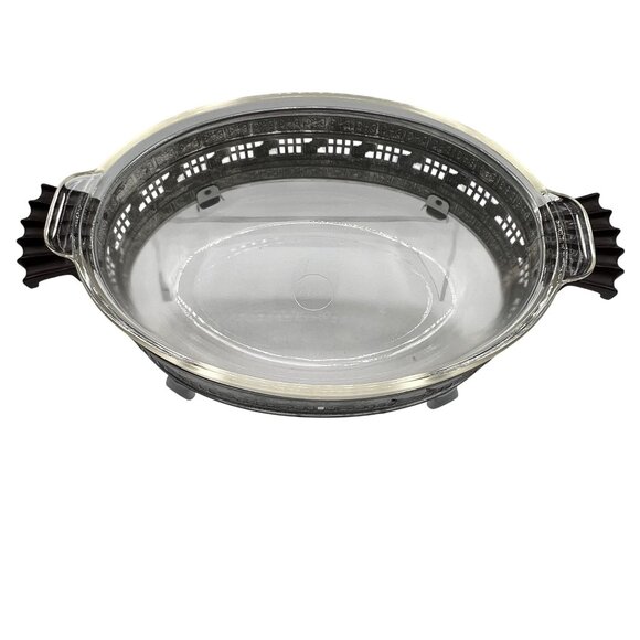 Pyrex 1.5qt Vintage Oval Glass Casserole Dish Etched Silver Plated Footed Holder - Picture 4 of 16